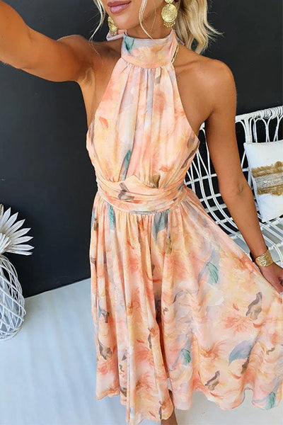 Scarlett - Elegant Halter Neck Watercolor Print Maxi Dress