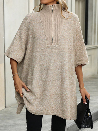 Olivia - Zip Collar Knit Sweater Poncho