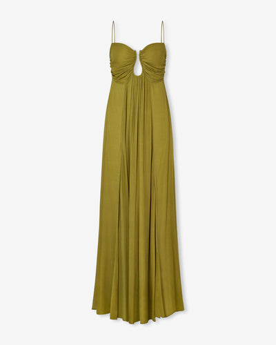 KORA – SUN-WASHED OLIVE RUCHED MAXI DRESS