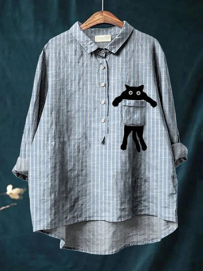 TILLY – STRIPED PEEKABOO CAT LINEN SHIRT