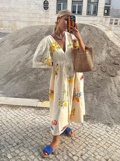 Zoey – Summer Midi Dress with Illustration Print