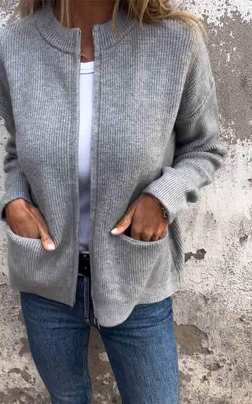 Odile | Zip-Front Ribbed Knit Cardigan